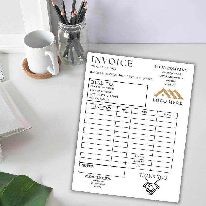 May include: A white invoice with the word "INVOICE" at the top. The invoice includes fields for customer information, a description of services, and payment details. A logo of three houses is present. A white mug and pencils are in the background.