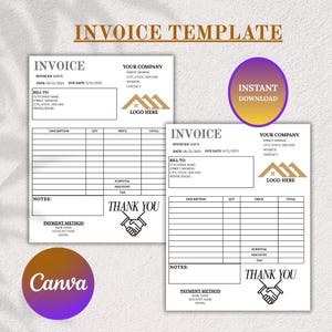 Może przedstawiać: Dwa szablony faktur na białym tle. Faktury mają sekcje na informacje o firmie, dane rozliczeniowe i szczegółowe opisy. Słowa "Invoice Template" znajdują się u góry. Obraz zawiera również słowa "Instant Download", "Canva" i "Thank You".