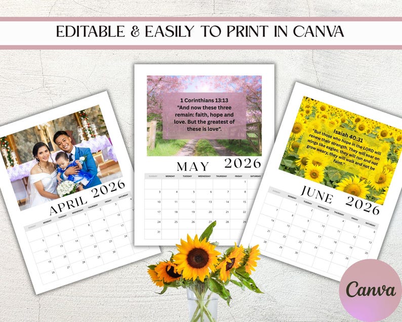 Editable 2026 12 Month Photo and Affirmation Calendar Template ...