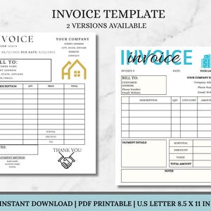May include: Two digital invoice templates on a white background. The left template features a gold house icon and a handshake graphic. The right template includes a blue building icon and the word invoice in large blue letters. Both are 8.5 x 11 in.