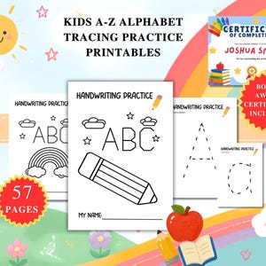 Può includere: Schede di pratica di scrittura dell'alfabeto A-Z per bambini, composte da 57 pagine. Il set include fogli di lavoro con lettere, illustrazioni di matite, nuvole, stelle e un certificato di completamento bonus su uno sfondo arcobaleno colorato.