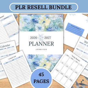 May include: A set of printable planner pages, including a daily planner, calendars for 2026 and 2027, a contact list, and a yearly planner. The central planner cover features the text "2026-2027 PLANNER" with a floral design and the name "JENNIFER". The bundle includes 45 pages.