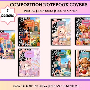 May include: Seven digital printable composition notebook covers measuring 7.5 by 9.75 inches. Each cover features a black and white speckled spine and a central label with the name Anna. Designs include school scenes, animals, and children.