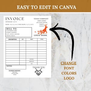 May include: A white invoice template with the text "EASY TO EDIT IN CANVA" at the top. The invoice includes fields for customer details, a description of services, and payment information. The template also features a logo placeholder and the words "CHANGE FONT COLORS LOGO".