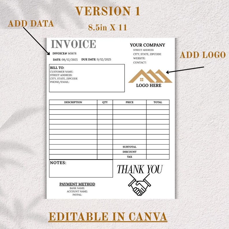 May include: A white invoice template with black text, featuring sections for company details, customer information, and itemized descriptions. The document is 8.5 x 11 inches and includes the text "THANK YOU" and "EDITABLE IN CANVA".