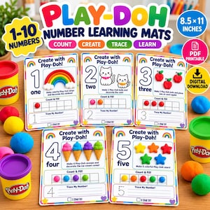 Puede incluir: Cinco tapetes de aprendizaje de números Play-Doh del 1 al 5, con ilustraciones coloridas de arcoíris, gatos, manzanas, conos de helado y estrellas. Cada hoja imprimible de 21.6 x 27.9 cm incluye actividades de conteo, trazo y relleno.