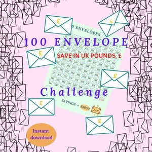 Könnte beinhalten: Ein grünes und weißes Diagramm mit 100 nummerierten Umschlägen, beschriftet mit "100 Envelope Challenge" und "Save in UK Pounds £". Das Diagramm zeigt eine Gesamteinsparung von 5050 £. Das Bild ist von schwarzen und weißen Umrissen von Umschlägen umgeben.
