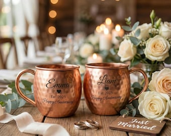 Tazas de cobre grabadas / Tazas de cobre martillado personalizadas / Regalo de boda para pareja / Artículos de bar rústicos