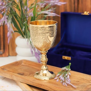 Engraved Golden Brass Goblet | Medieval Wine Chalice, Gothic Decor