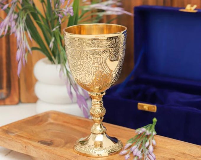 Engraved Brass Goblet, Medieval Wine Chalice, Gothic Renaissance Wedding Cup, Royal Drinking Goblet