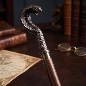 Può includere: Un bastone da passeggio con un'impugnatura in metallo a forma di testa di cobra, caratterizzata da una finitura scura e testurizzata. Il cobra è raffigurato con la bocca aperta e le squame, montato su un bastone in legno marrone scuro.