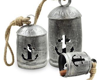Nautical Tin Anchor Cow Bell Set – Rustic Handcrafted Metal Bell with Rope, Coastal Home Decor, Beach Wind Chime, Maritime Gift