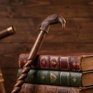 Può includere: Un bastone da passeggio in legno marrone scuro con un'impugnatura intagliata a forma di testa di uccello, caratterizzata da piumaggio dettagliato e becco ricurvo. L'asta del bastone presenta un design a spirale ed è unita da un collare metallico.