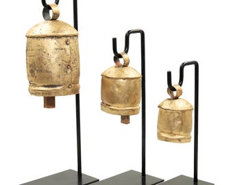 Rustic Tin Cow Bell - Vintage Farmhouse Decor, Handcrafted Metal Bell, Recycled Iron, Wind Chime, Country Wedding Favor With Iron Stand