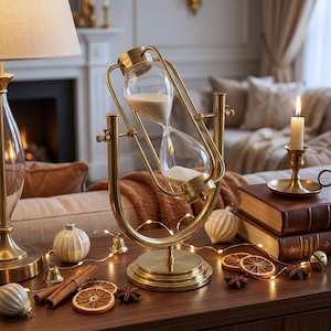Puede incluir: Un reloj de arena decorativo de latón con una cámara de vidrio transparente llena de arena. El reloj de arena está sobre un soporte de latón. Una vela, libros y adornos están sobre una superficie de madera. La escena es cálida y acogedora.