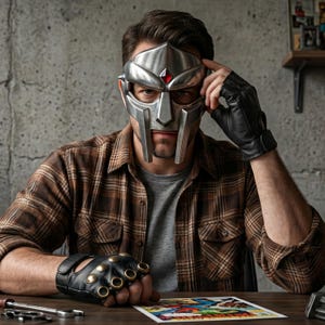 May include: A metallic silver face mask featuring a central red gemstone accent, worn with black fingerless leather gloves adorned with gold-toned studs. The attire includes a brown plaid button-down shirt layered over a gray t-shirt.