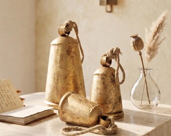 Set of 3 Rustic Cow Bells – Handmade Tin Metal Hanging Bells, Jute Rope, Swiss Barn Ornament