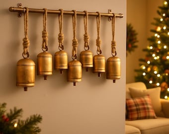Handicrafts Giant Vintage Rustic Tin Metal Harmony Cow Bells Complete Set of 7 Huge Rustic Handmade Bells On Jute Rope Wall mount Stand