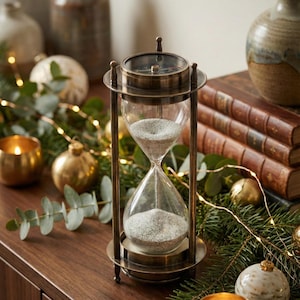 May include: An antique-style hourglass with a brass frame and a compass on top. The glass bulb contains gray sand. The hourglass is surrounded by festive decorations, including greenery, gold ornaments, and fairy lights, creating a warm, vintage aesthetic.