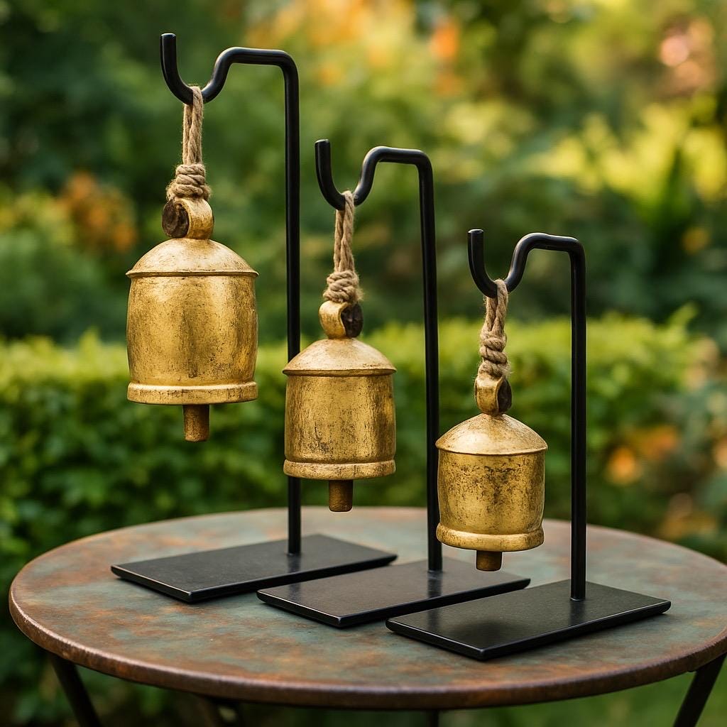 Set of 3 Large Golden Cow Bells Hanging on Stand with rope Rustic Christmas Hanging Christmas Stocking Accents Old World Style Bells display