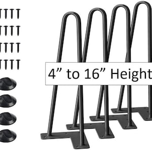 Op de afbeelding: Vier zwarte metalen haarspeldpoten met een hoogteverstelling van 4" tot 16". De poten hebben een platte basis en zijn ontworpen voor het maken van meubels.