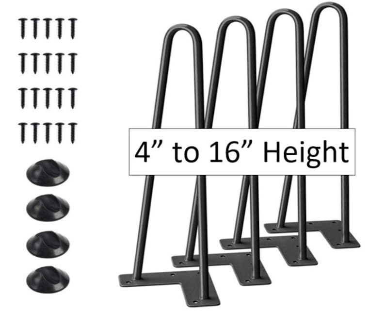 Op de afbeelding: Vier zwarte metalen haarspeldpoten met een hoogteverstelling van 4" tot 16". De poten hebben een platte basis en zijn ontworpen voor het maken van meubels.