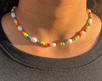 Freshwater Pearl Beads with Multicolor Seed Beads, Pearl Rainbow Necklace