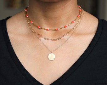 Red and Gold Beaded Necklace, Adjustable Choker