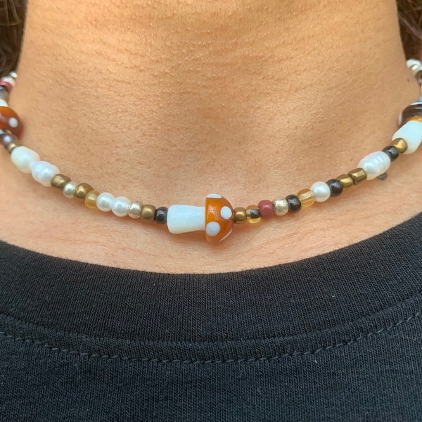 Mushroom Choker with Freshwater Pearls, Brown Seed Beads