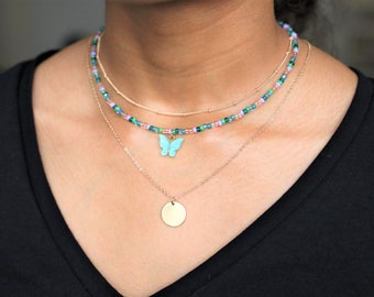 Green Butterfly Beaded Necklace, Adjustable Choker