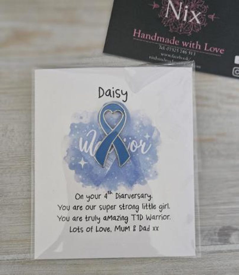 Diabetes Thank You Pin card, Diaversary Keepsake Cards, Type 1, Diabetes T1, Warrior, Wear it Blue, Awareness Ribbon pin, Teacher Gift Warrior
