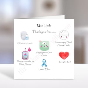 Tarjeta de agradecimiento para profesores de diabetes (ayudándome a contar carbohidratos), diabetes tipo 1, T1, guerrero, agradecimiento para profesores, regalo de fin de año