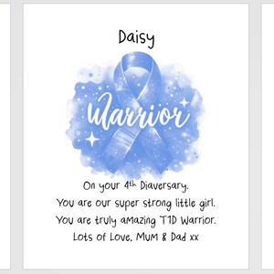 May include: Three square cards featuring blue awareness ribbons. The first shows a blue ribbon with a boxing glove and text 'Mr Miller'. The second shows a watercolor blue ribbon with the word 'warrior' and text 'Daisy'. The third shows a blue watercolor rainbow with a small ribbon and text 'Mrs Belchem'.