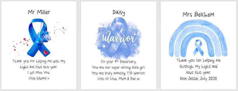 May include: Three square cards featuring blue awareness ribbons. The first shows a blue ribbon with a boxing glove and text 'Mr Miller'. The second shows a watercolor blue ribbon with the word 'warrior' and text 'Daisy'. The third shows a blue watercolor rainbow with a small ribbon and text 'Mrs Belchem'.