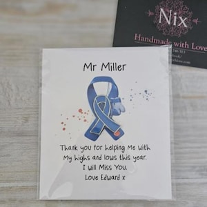Diabetes Thank You Pin card, Diaversary Keepsake Cards, Type 1, Diabetes T1, Warrior, Wear it Blue, Awareness Ribbon pin, Teacher Gift Ribbon