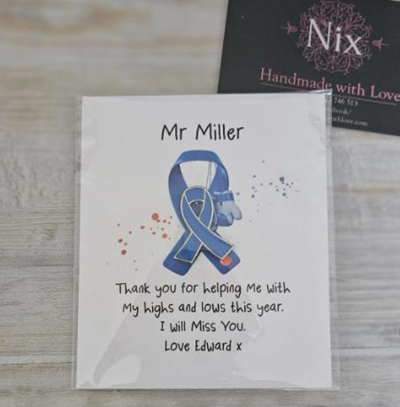 Diabetes Thank You Pin card, Diaversary Keepsake Cards, Type 1, Diabetes T1, Warrior, Wear it Blue, Awareness Ribbon pin, Teacher Gift Ribbon