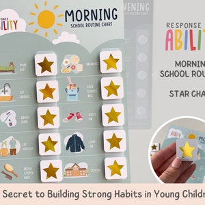May include: A colourful chart with a sun and the words "Morning School Routine Chart" and "Response Ability" with gold stars to be placed on the chart as a reward system for completing tasks.