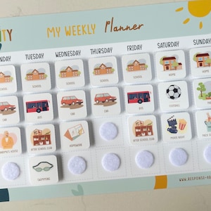 May include: A colourful weekly planner with a light blue background and a sun in the top right corner. The planner has a grid of squares with different activities for each day of the week, including school, home, car, bus, football, park, grandma's house, after school club, homework, after school camp, movie night, pack school bag, and swimming. The planner is designed to help children with visual aids and routines.