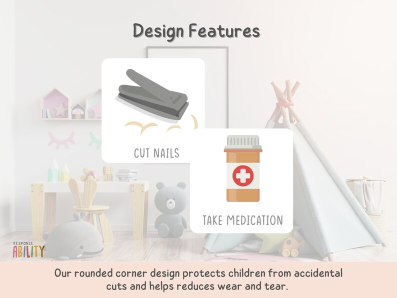 Może przedstawiać: Białe tło z tekstem "Design Features" w kolorze czarnym. Na białych kartkach pokazano dwie ilustracje. Pierwsza ilustracja przedstawia obcinacz do paznokci. Druga ilustracja przedstawia butelkę lek&oacute;w z czerwonym znakiem plus na etykiecie. Tekst "Cut Nails" znajduje się pod ilustracją obcinacza do paznokci. Tekst "Take Medication" znajduje się pod ilustracją butelki lek&oacute;w. Tekst "Our rounded corner design protects children from accidental cuts and helps reduces wear and tear." znajduje się na dole obrazu.