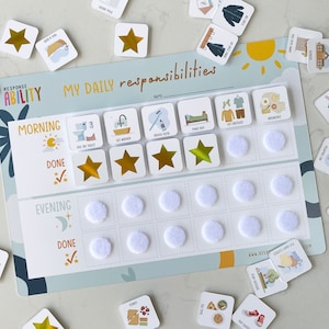May include: A blue and white chart with the words "My Daily Responsibilities" at the top. The chart is divided into two sections: "Morning" and "Evening". Each section has a list of tasks with corresponding images. There are gold stars and white circles that can be used to mark off completed tasks. The chart is designed to help children learn about daily routines and responsibilities.