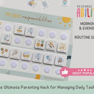 May include: A colourful chart with a blue background and a white border. The chart is divided into two sections: Morning and Evening. Each section has a list of daily responsibilities, such as getting dressed, brushing teeth, and making breakfast. The chart also includes a space for a child's name and a section for stickers to mark completed tasks. The text on the chart reads "My Daily Responsibilities", "Morning & Evening", "Routine Chart", and "Most Popular".