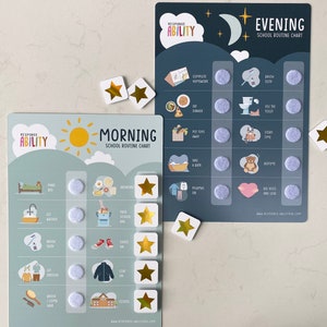 May include: Two colourful charts with illustrations and text for a morning and evening school routine. The charts are on a grey surface with gold stars and purple circles.