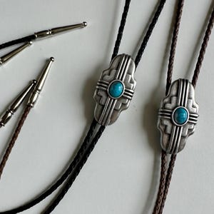 Silver Southwestern Style Bolo Tie - Faux Turquoise Handmade Necktie Accessories Cotton Necklace Unique Cowgirl Cowboy Traditional