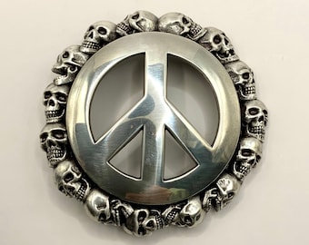 Peace Sign Buckle with Skull Border Skull Belt Buckle Antique Silver