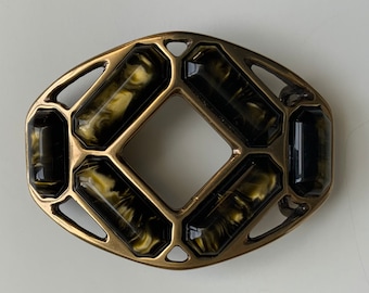 Vintage. Italian Made. Solid Cast. Belt Buckle. Brass Plated. Acrylic faux tiger eye Stones