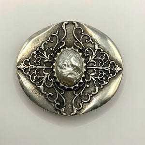 Vintage Large Oval Belt Buckle with Patterned Abstract Faux Pearl Antique Nickel