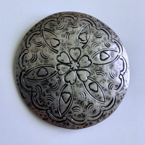 Vintage Round Circle Flower and Patterns Engraved Shield Beaten Distressed Antique Nickel
