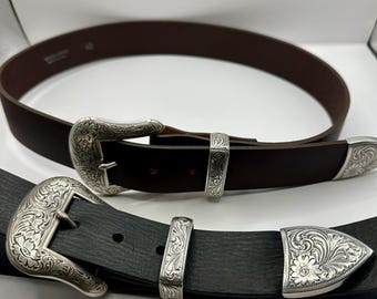 Ensemble de 3 boucles de ceinture western vintage classique en cuir véritable vintage de 1,5 pouce, fabriquée aux États-Unis, avec gravure florale et liane, argent antique