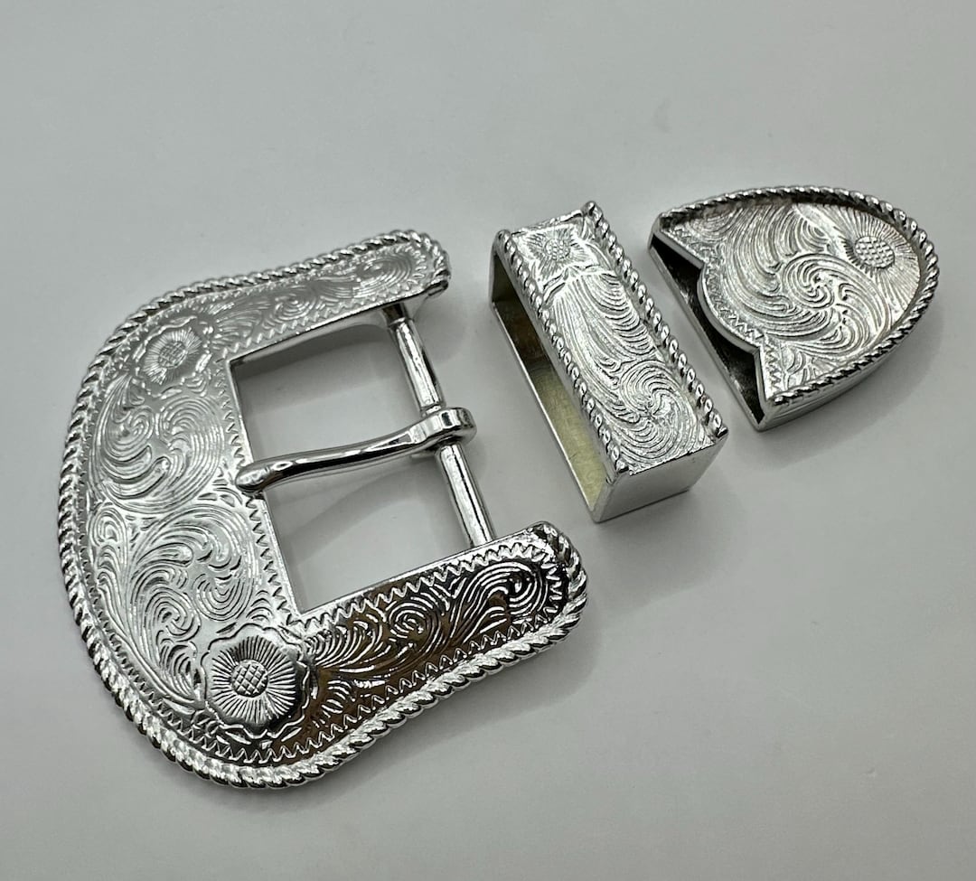 Vintage 3 Piece Western Belt Buckle Set - Floral Engraved Rope Border ...