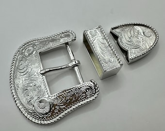 Vintage 3 Piece Western Belt Buckle Set - Floral Engraved Rope Border Cowboy, Cowgirl, Silver Plated, Interchangeable, 90s, Three Piece Set